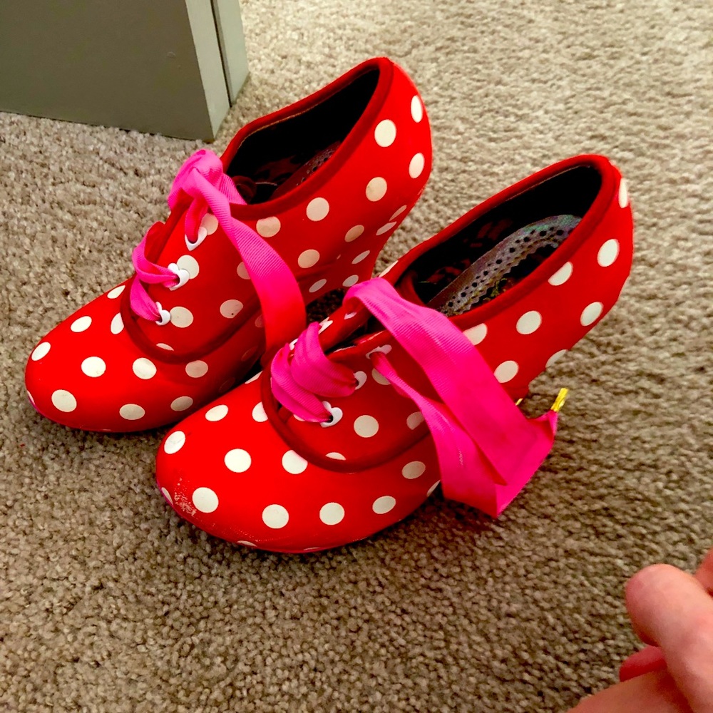 Red polka dot unique shoes from irregular choice! British funky brand!